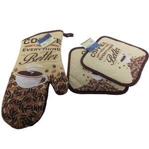 3pc Kitchen Set Brown Coffee Make Everything Be 2 Pot Holders 1 Towels Oven Mitt